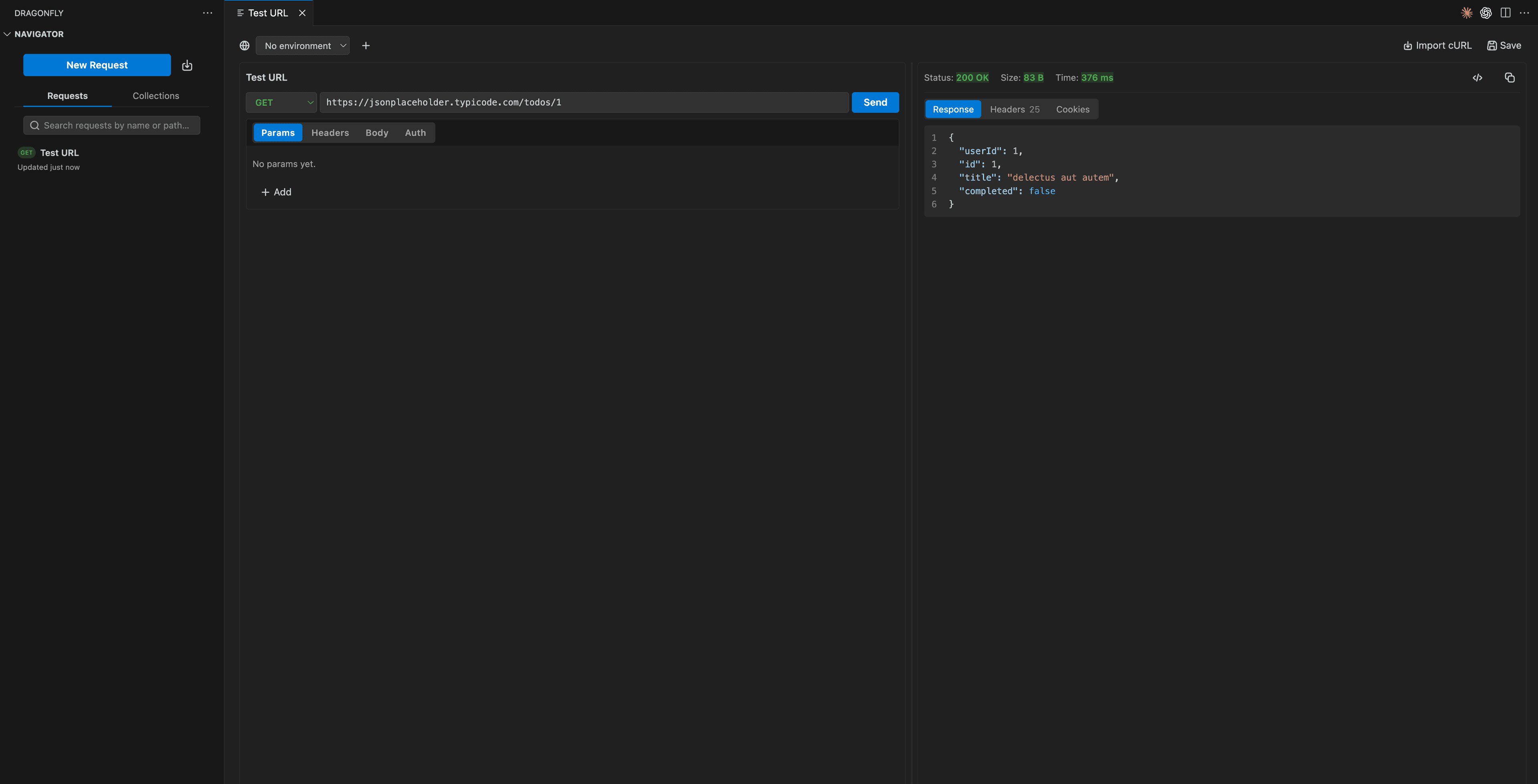 Dragonfly inside VS Code showing a GET request and its JSON response side by side